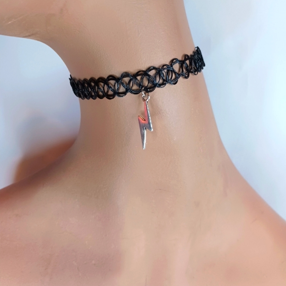 Black Tattoo Choker Necklace with Silver Lightning Bolt Charm.
